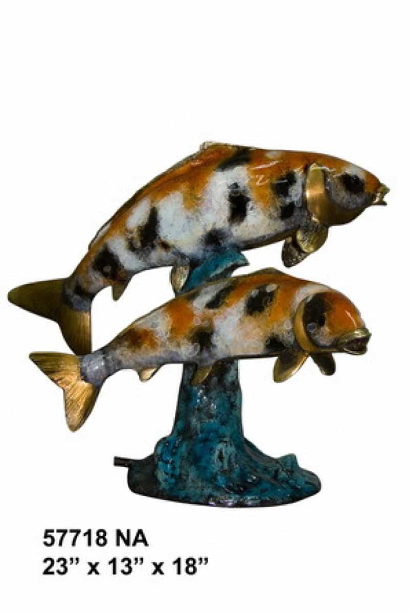 Two Koi Fish Fountain On Marble Base In Special Patina