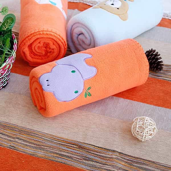 Embroidered Applique Coral Fleece Baby Throw Blanket - Purple Hippo - Orange