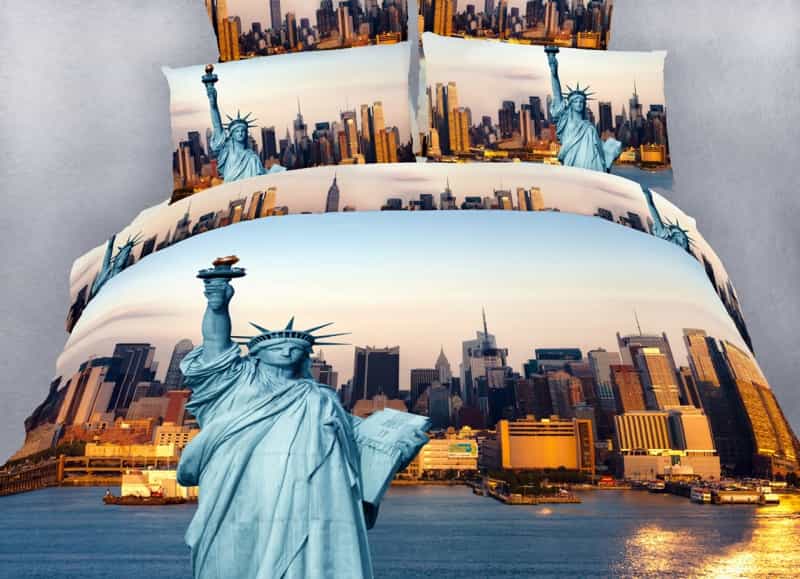 Dolce Mela - Statue Of Liberty, Xl Twin Size 100% Cotton 4 Piece Duvet Cover Sheet Set
