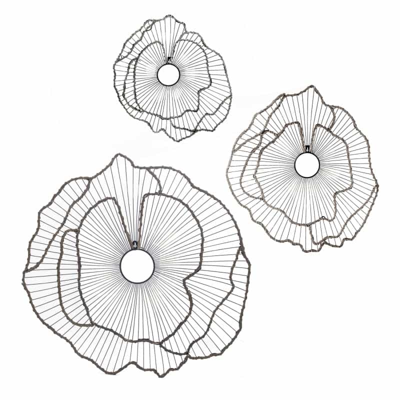 30, 24, 18 Inch Set Of 3 Decorative Metal Flowers, Wall Decor Black, Gold