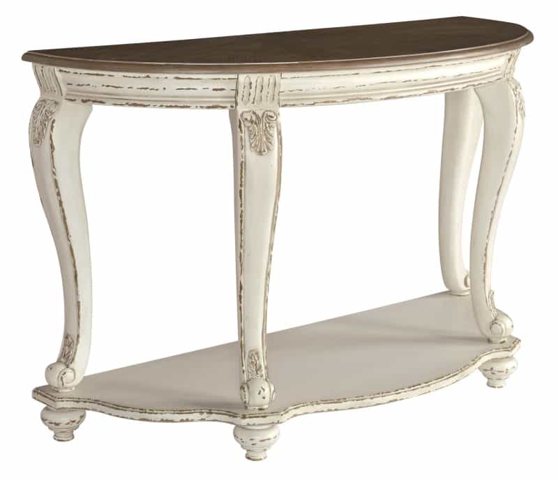 Crescent Moon Wooden Sofa Table With Engraved Details, Brown And White