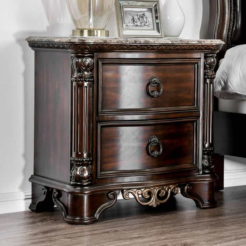 30 Inch Nightstand With 2 Drawers, Classic Marble Top, Ornate Pilasters, Dark Cherry Brown