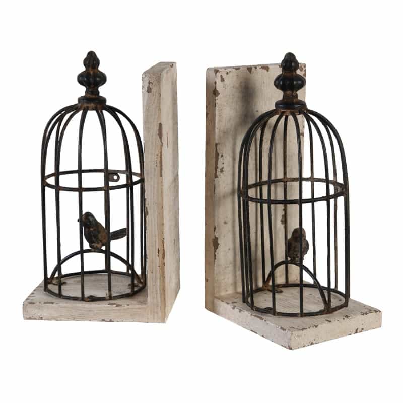 Ari Set Of 2 Classic Bookends, Birdcage, Iron And Fir Wood, Black, Brown
