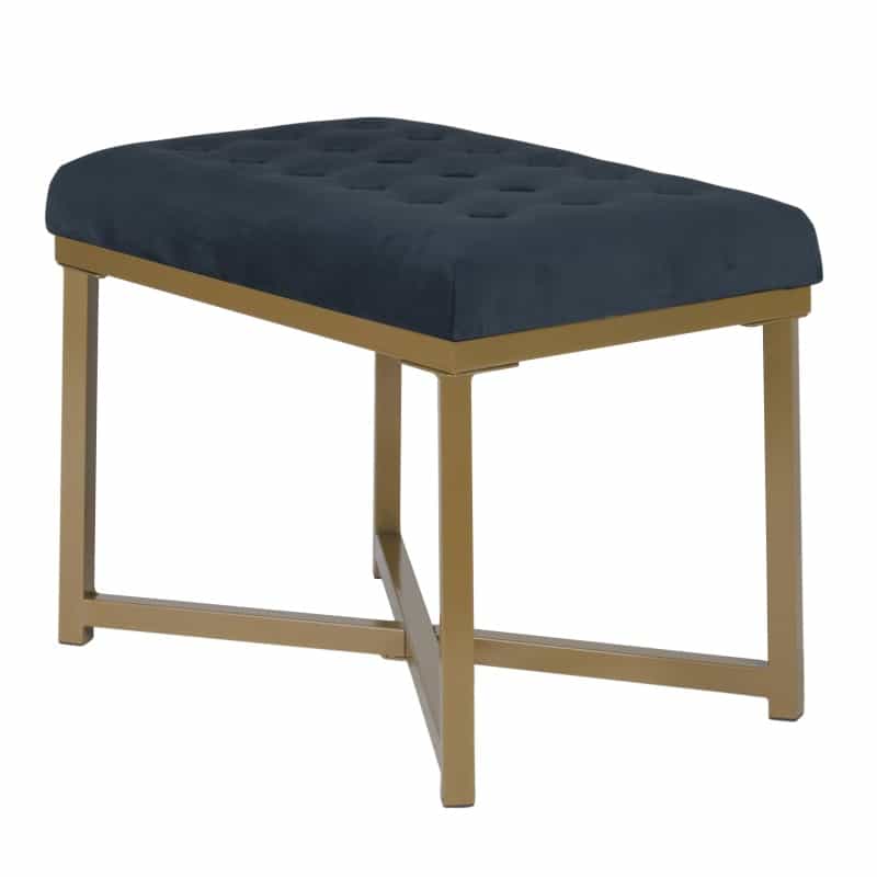 Metal Framed Bench With Button Tufted Velvet Upholstered Seat, Dark Blue And Gold