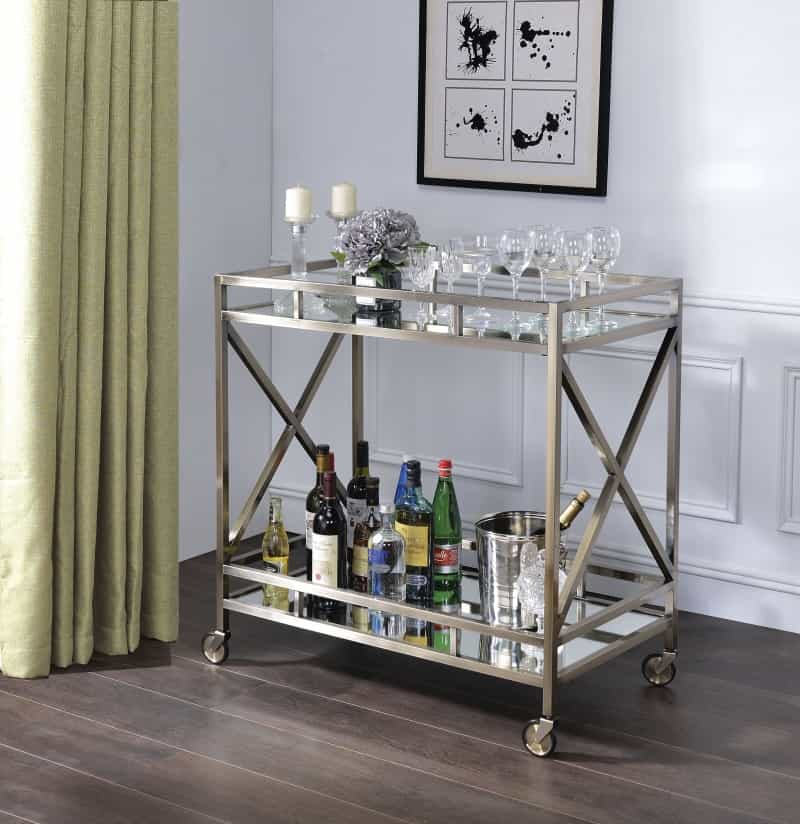 Metal Framed Two Tier Serving Cart With X Shaped Side Panels, Mirrored, Antique Gold