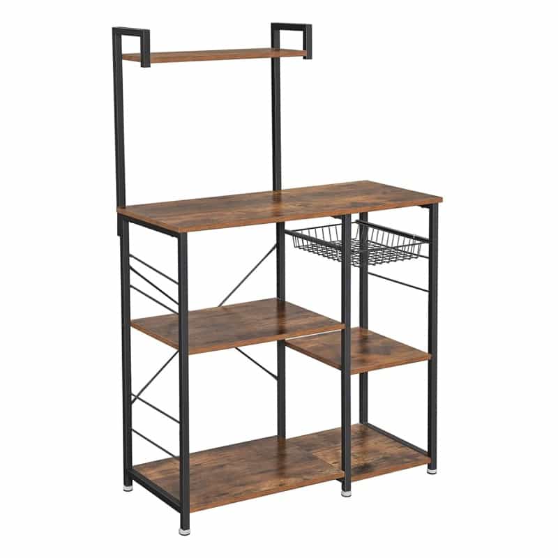 Wooden Utility Storage With 5 Shelves And Wire Basket, Brown And Black