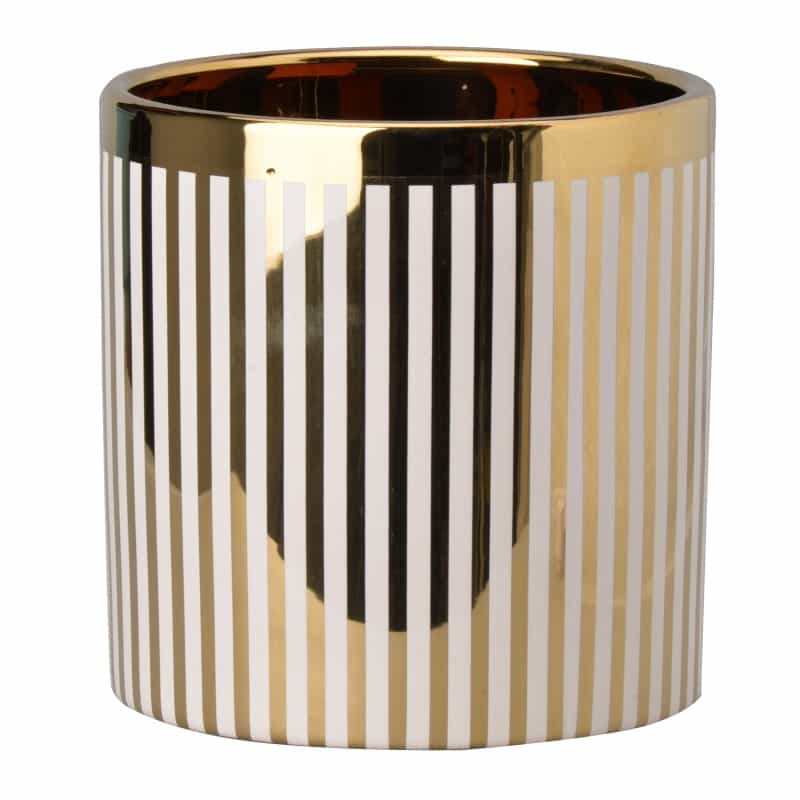 Ceramic Cylindrical Planter With Strips Pattern, White And Gold