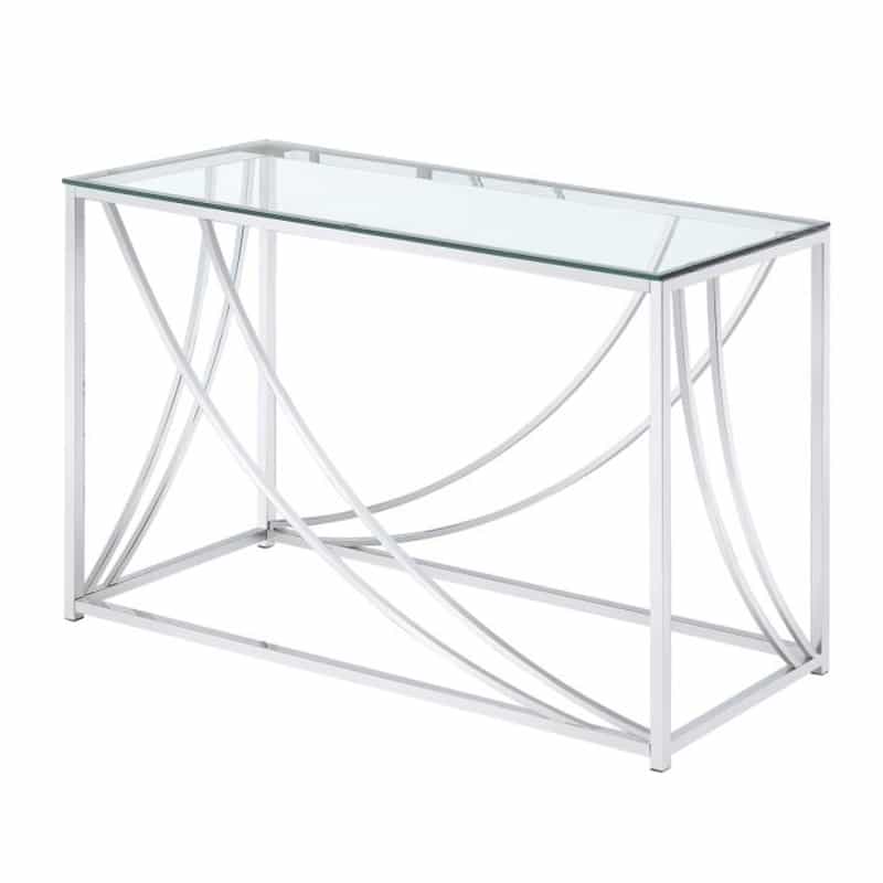 Glass Top Rectangular Sofa Table With Swooping Curves, Clear And Silver