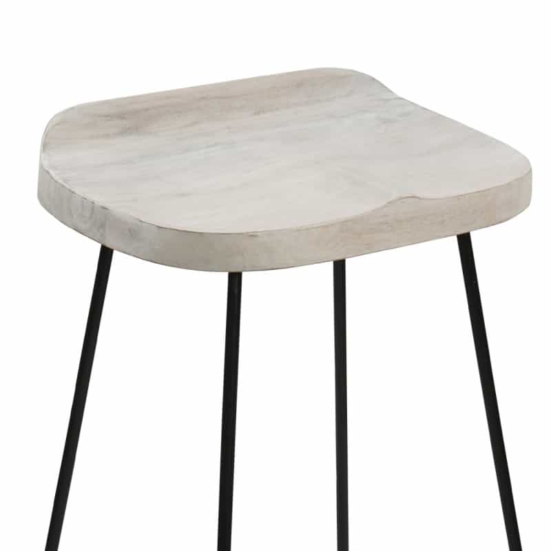 Tiva 30 Inch Handcrafted Backless Barstool, Whitewashed Mango Wood Saddle Seat, Black Metal Base