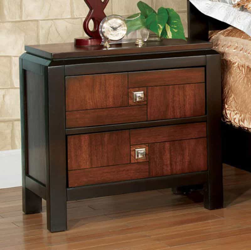 28 Inch Handcrafted Bedside Nightstand, 2 Drawers, Sleek Wood Pattern, Square Knobs, Walnut Brown