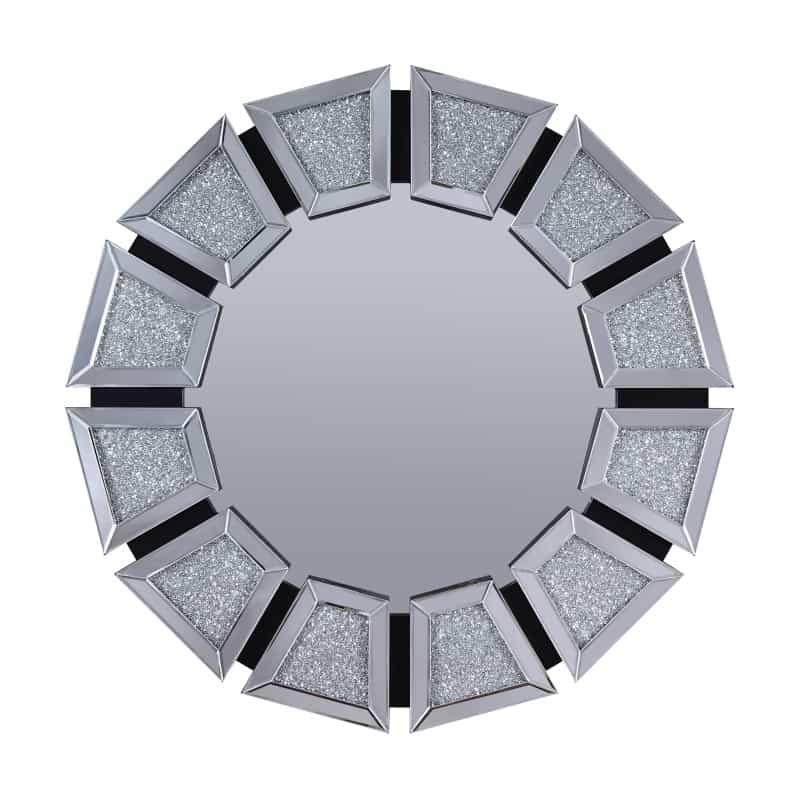 Wooden Backing Wall Decor With Tapered Mirrored Panel Borders, Clear And Black