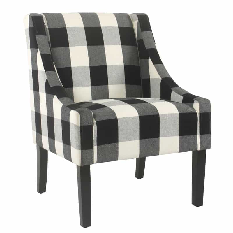 Fabric Upholstered Wooden Accent Chair With Buffalo Plaid Pattern, Black And White