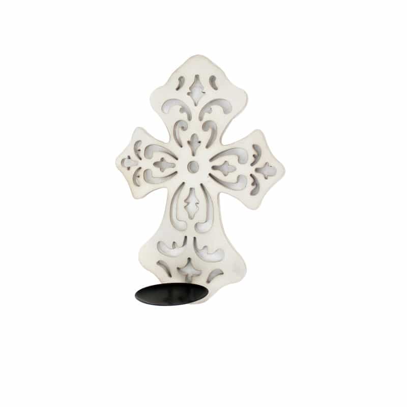 Cross Shaped Wooden Candle Holder Set Of 2 With Scrolled Engravings, White