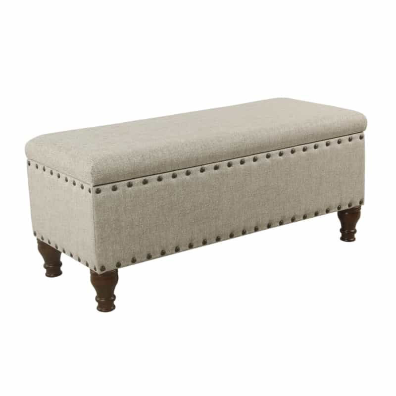 Textured Fabric Upholstered Wooden Storage Bench With Nail Head Trim, Large, Beige And Brown