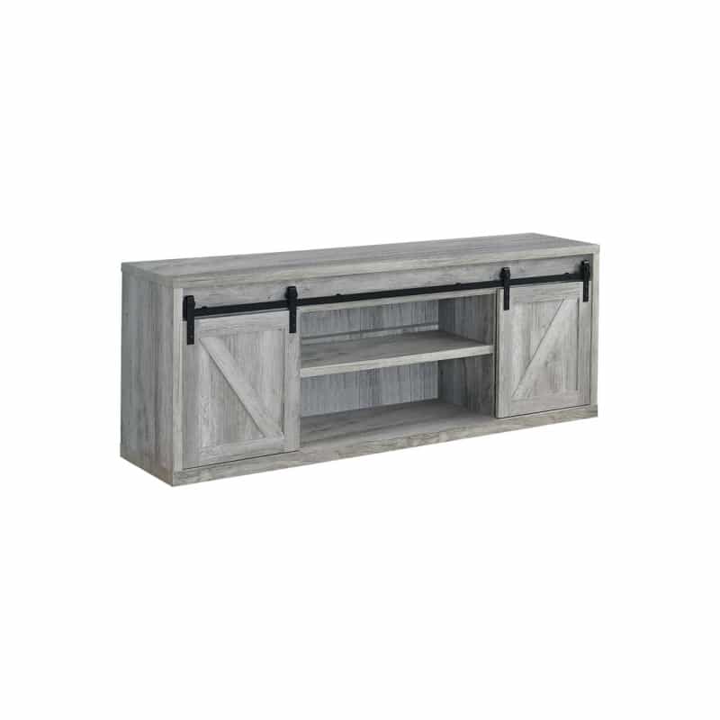 71 Inch Farmhouse Wooden Tv Console With 2 Sliding Barn Doors, Gray