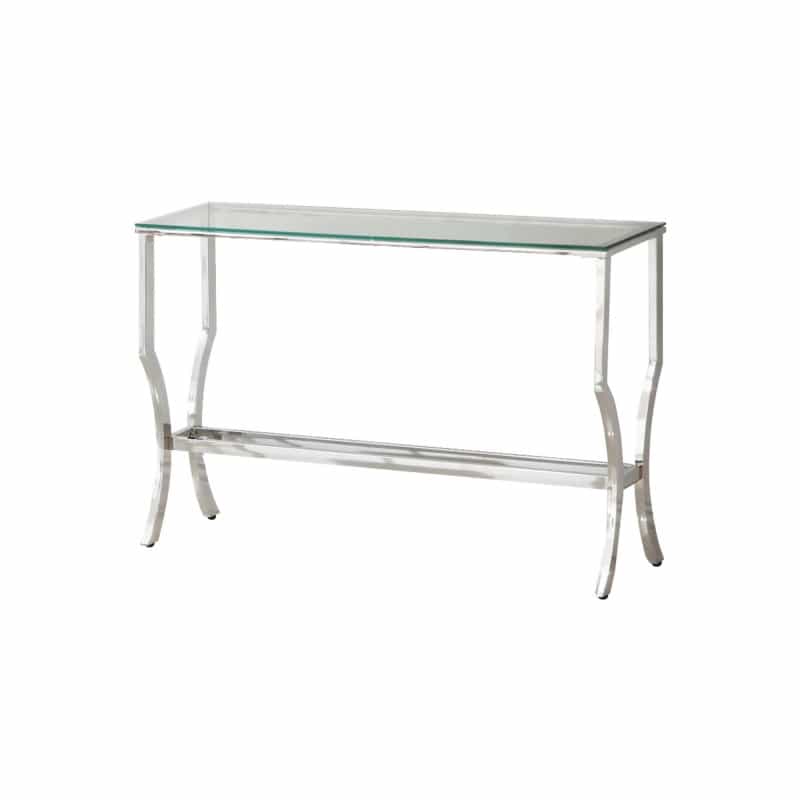 Glass Top Sofa Table With Metal Frame And Mirror Shelf, Chrome