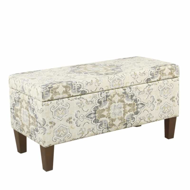 Medallion Print Fabric Upholstered Wooden Bench With Hinged Storage, Large, Brown And Cream