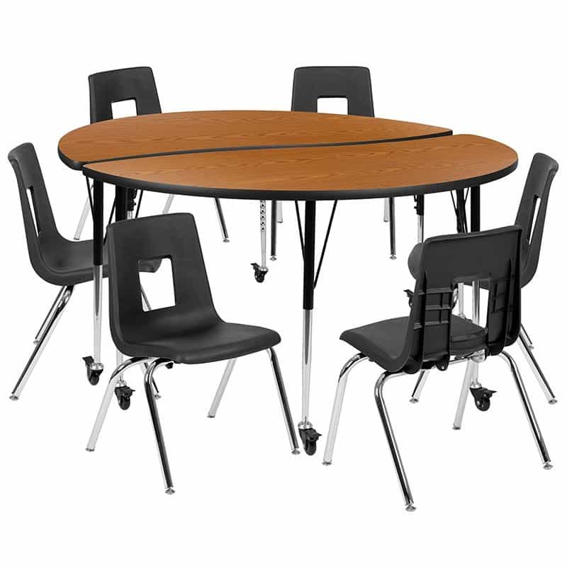 Mobile 60" Table Set With 18" Student Stack Chairs, Oak/Black