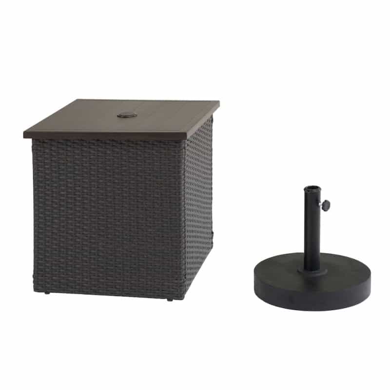 Brown Wicker Side Table With Umbrella Stand For Outdoor Seating