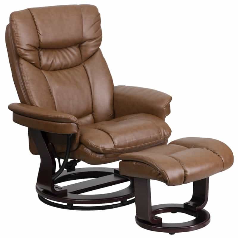 Recliner And Ottoman With Swivel Mahogany Wood Base In Palimino Leathersoft