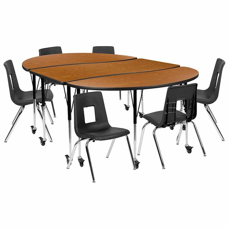 Mobile 86" Oval Wave Activity Table Set With 16" Student Stack Chairs, Oak/Black