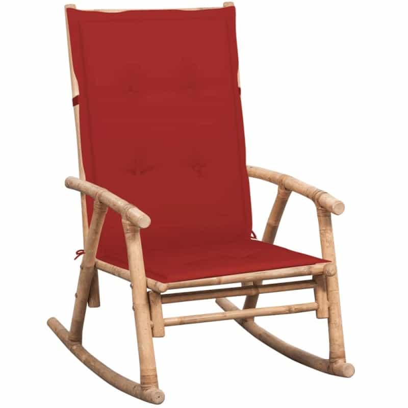 Rocking Chair Natural Bamboo, Red Cushion Bamboo, Polyester Cushion