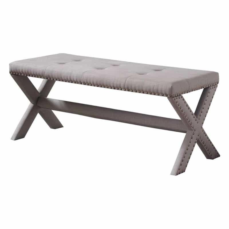 Best Master Fabric Upholstered Rectangular Accent Bench In Gray/Nail Heads