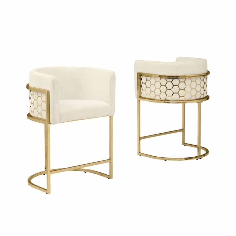 Honeycomb Back Barrel Chair In Cream With Gold Base, Set Of 2