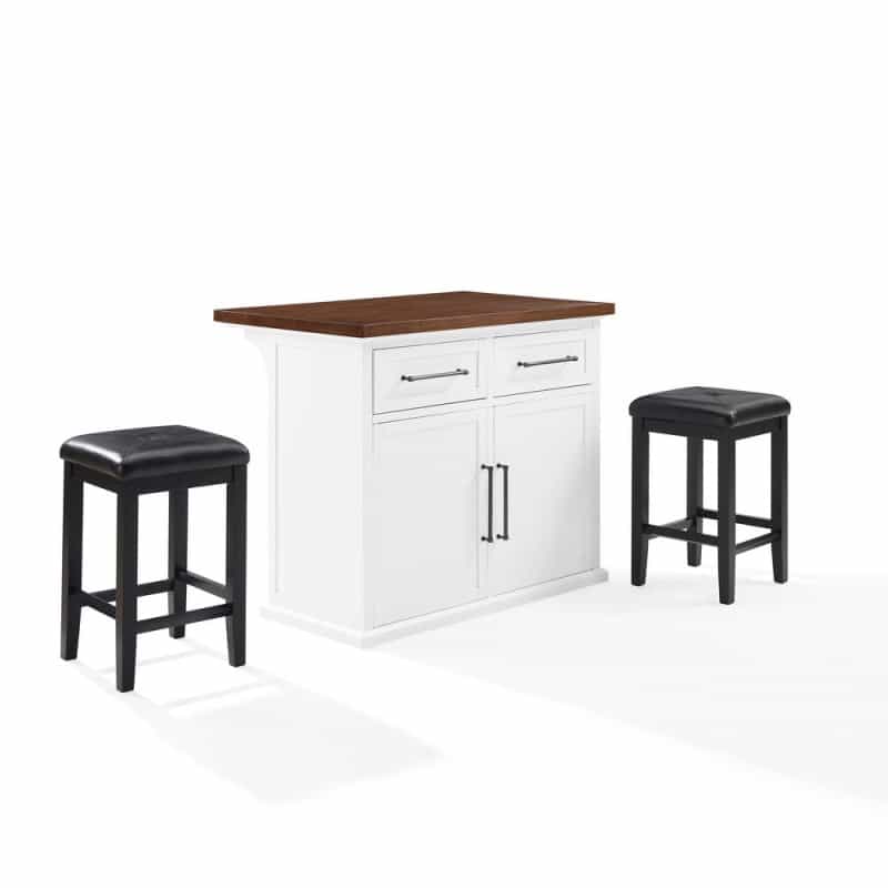 Bartlett Wood Top Kitchen Island W/Uph Square Stools - Kitchen Island & 2 Stools