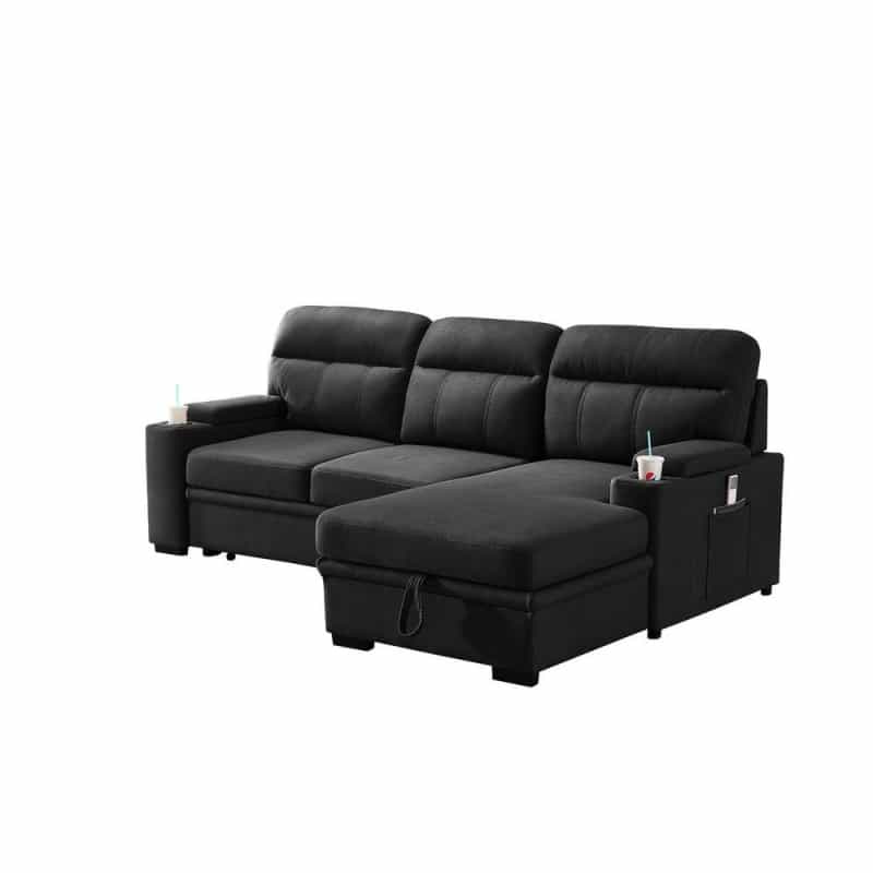 Kaden Black Fabric Sleeper Sectional Sofa Chaise With Storage Arms And Cupholder