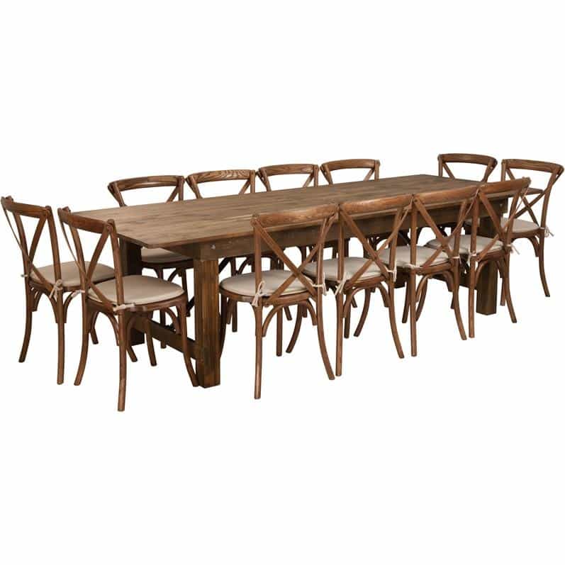 9' X 40'' Antique Folding Farm Table Set With 12 Cross Back Chairs And Cushions