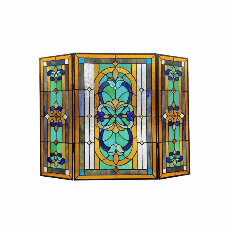 Chloe Lighting Palace Tiffany-Style 3Pcs Folding Victorian Stained Glass Fireplace Screen 40" Width