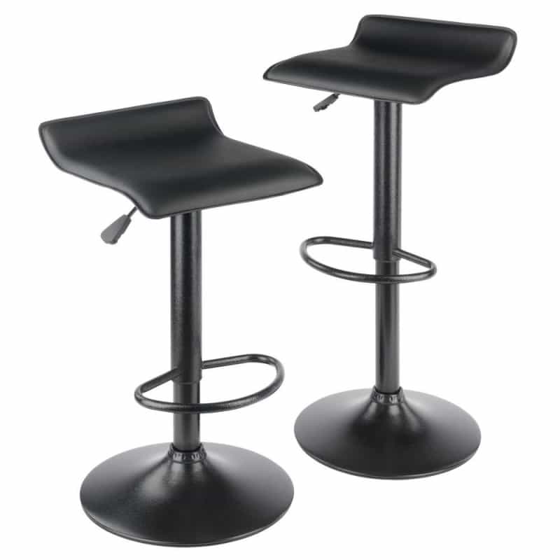Obsidian Set Of 2 Adjustable Swivel Air Lift Stool, Backless, Black Pvc Seat, Black Metal Post And Base