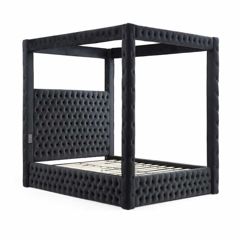 Luxurious Velvet Canopy Queen Bed With Speaker And Usb Connection In Black