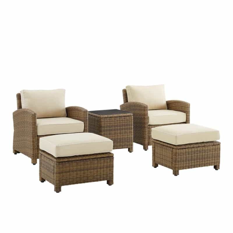 Bradenton 5Pc Wicker Outdoor Chair Set - Side Table, 2 Arm Chairs & 2 Ottomans