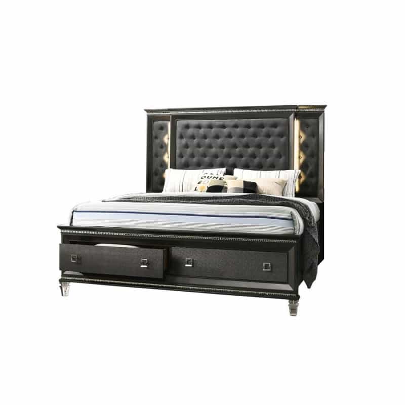 Panel Bed With Tufted Buttons And Backlit Backboard With 2 Footboard Drawers And Jewel Strip On Footboard And Headboard
