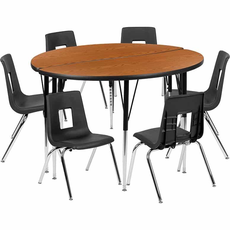47.5" Circle Wave Activity Table Set With 16" Student Stack Chairs, Oak/Black