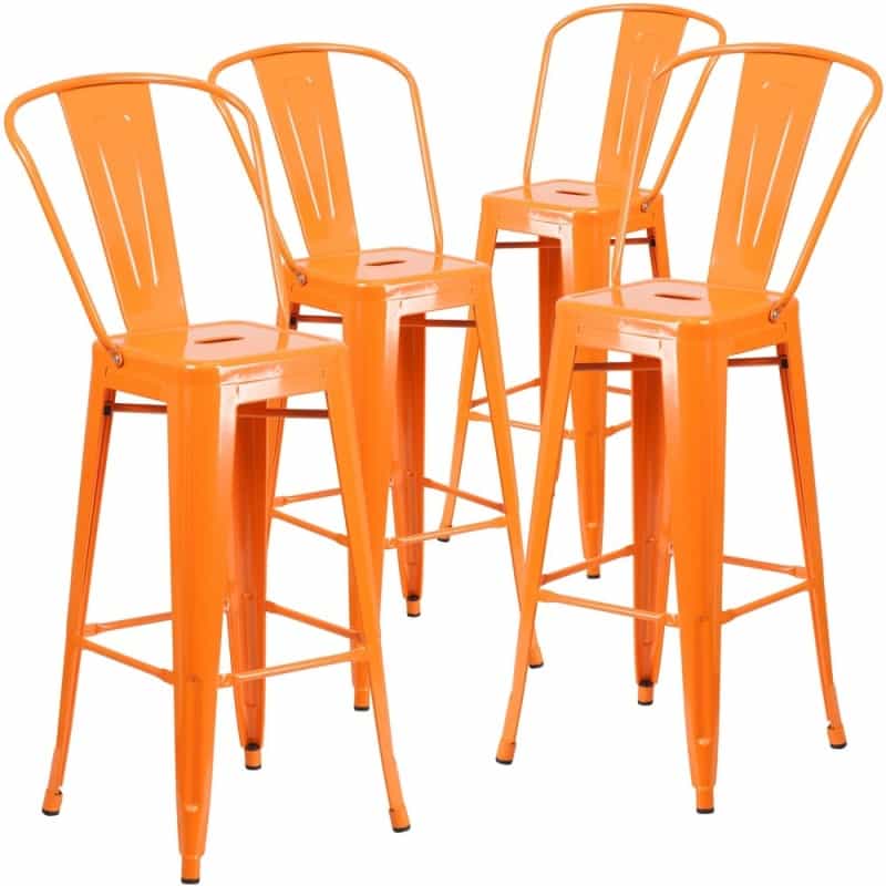 4 Pk. 30'' High Orange Metal Indoor-Outdoor Barstool With Back