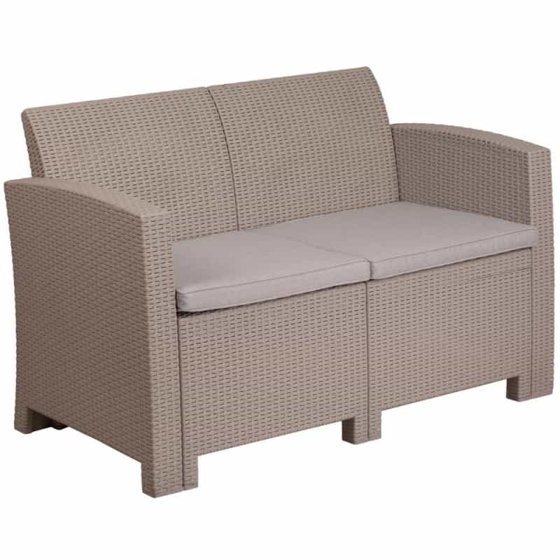 Light Gray Faux Rattan Loveseat With All-Weather Seneca Light Gray Cushions