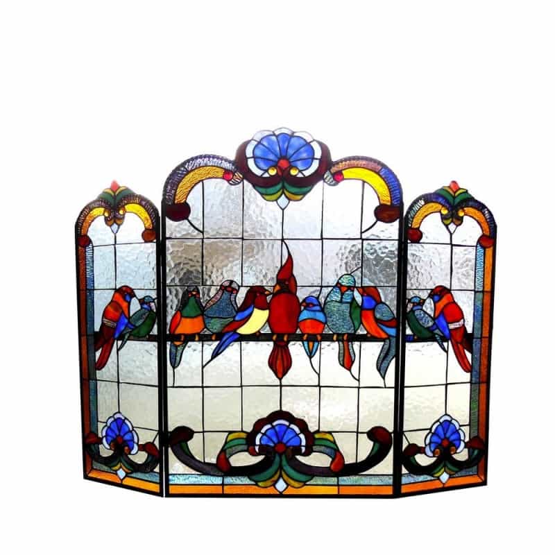 Aves Tiffany-Glass Gathering Birds Design 3Pcs Folding Fireplace Screen 40" Wide