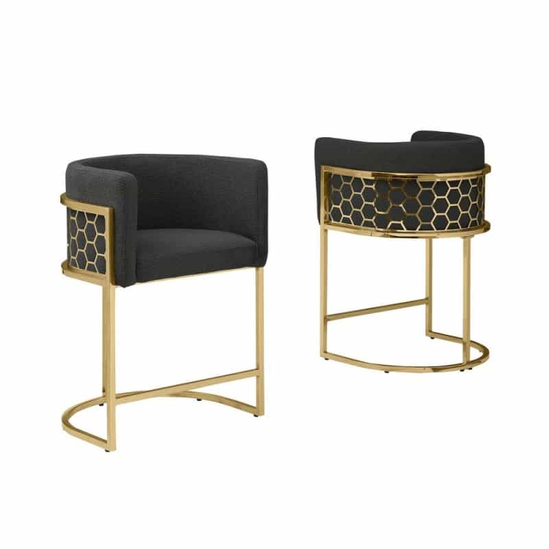 Honeycomb Back Barrel Chair In Black With Gold Base, Set Of 2