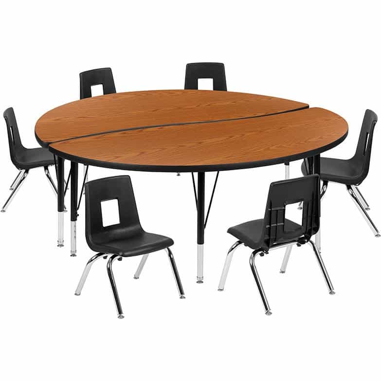 60" Circle Wave Activity Table Set With 12" Student Stack Chairs, Oak/Black