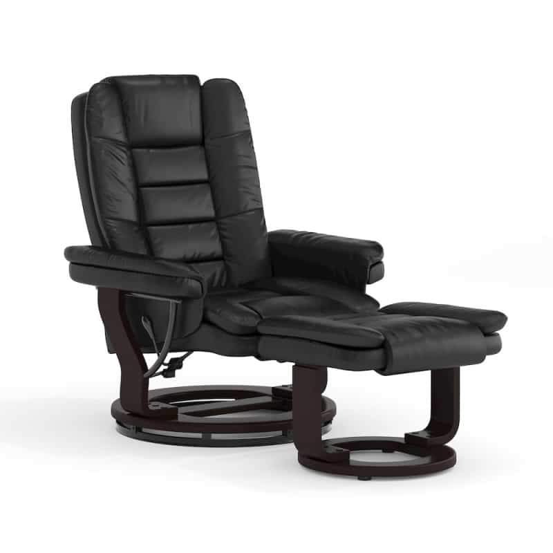 Recliner With Horizontal Stitching And Ottoman With Swivel Mahogany Wood Base