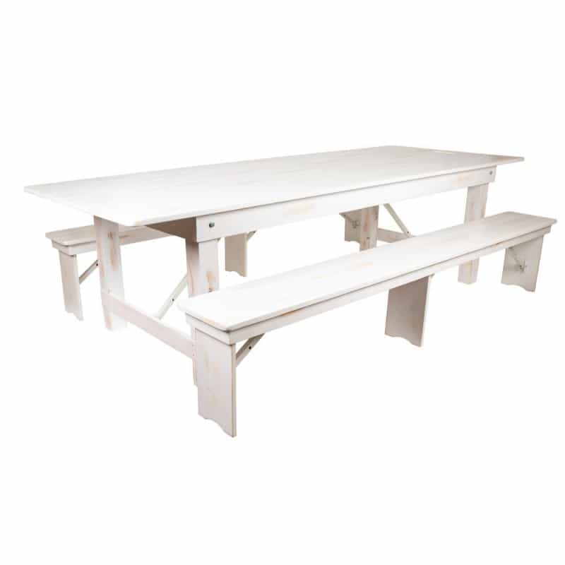 9' X 40" Antique Rustic White Folding Farm Table And Two Bench Set