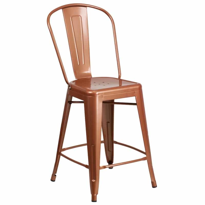 24" High Copper Metal Indoor-Outdoor Counter Height Stool With Back