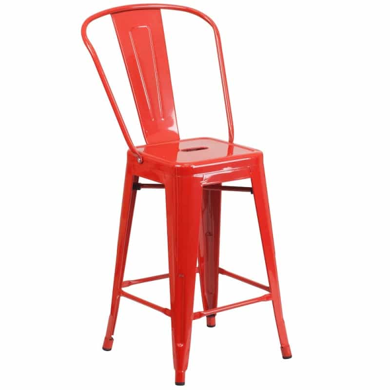 24" High Red Metal Indoor-Outdoor Counter Height Stool With Removable Back