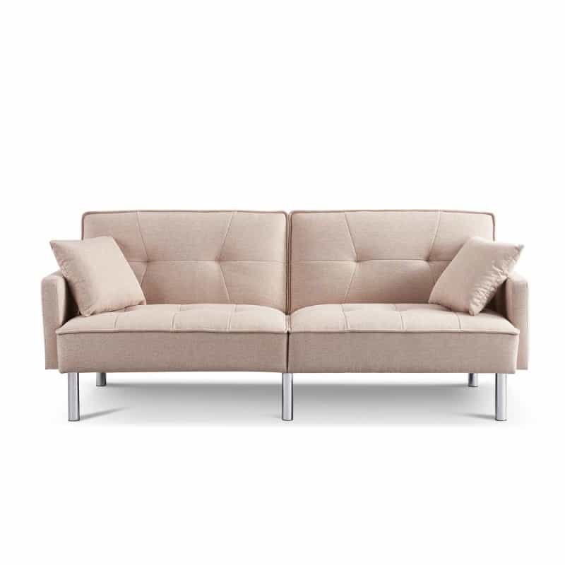 Tufted Futon Convertible Sofa Sleeper With Two Throw Pillows