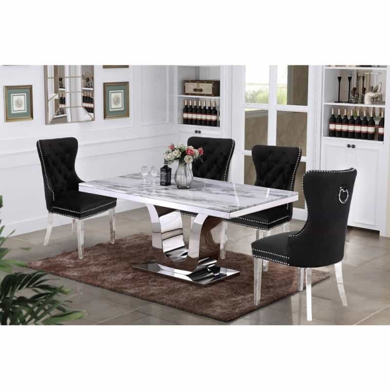 White Marble 5Pc Set Tufted Wingback Chairs In Black Velvet