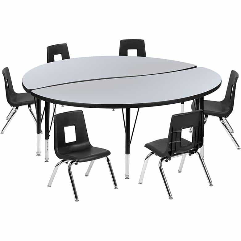 60" Circle Wave Activity Table Set With 12" Student Stack Chairs, Grey/Black