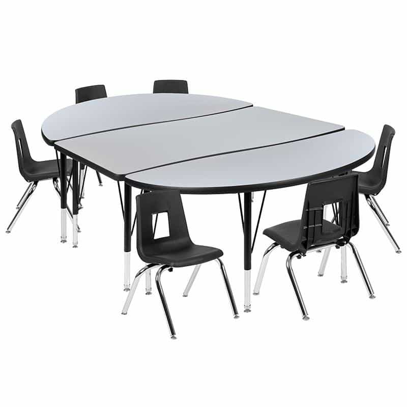 76" Oval Wave Activity Table Set With 12" Student Stack Chairs, Grey/Black